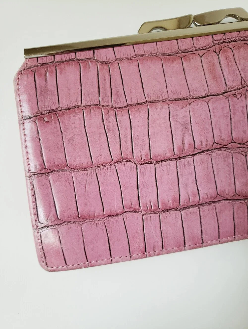 Vintage Abas Pink Croc Print Frame Clutch Leather Wallet